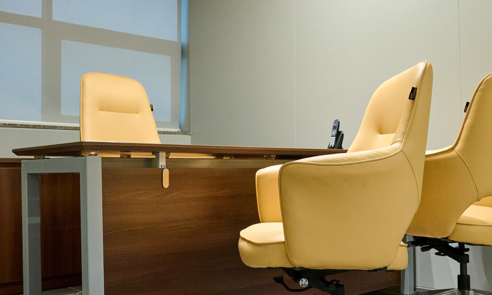 Meeting room with conference table and LED display